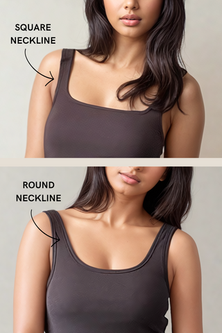 A woman wears the Olive Basics Esther Easy Latch Tank, a bamboo fabric reversible top with built-in bra padding—shown with the square neckline above and round neckline below, each labeled to highlight both styles.