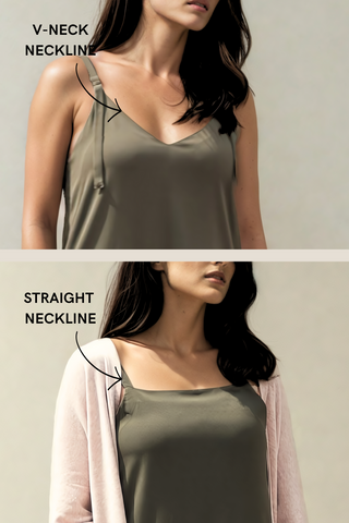 Two side-by-side images show a woman wearing the Olive Basics Hannah Reversible Midi Dress with a V-neckline in the top image and a straight neckline in the bottom, both labeled with arrows. Perfect for pairing with your favorite accessories.