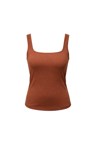 The Esther Easy Latch Tank Bundle (Black & Terracotta) by Olive Basics features sleeveless bamboo tanks with square necklines and built-in bras, shown on a plain white background.