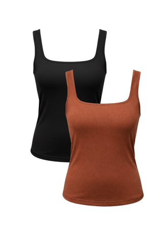 The Olive Basics Esther Easy Latch Tank Bundle includes two women’s sleeveless tanks in black and terracotta, shown side by side on a white background, each designed with a reversible neckline for versatile styling.