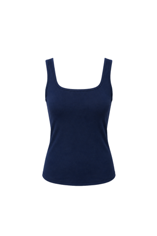 The Esther Easy Latch Tank Bundle by Olive Basics includes a navy tank top with wide straps and a scoop neckline, made from soft bamboo fabric, shown on a white background.