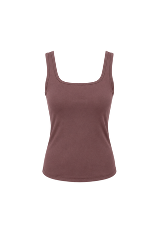 The Esther Easy Latch Tank Bundle by Olive Basics includes brown and navy bamboo tank tops with square necklines, sleeveless design, and built-in bra padding, shown on a plain white background.