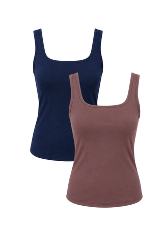 The Olive Basics Esther Easy Latch Tank Bundle features two sleeveless tanks in brown and navy with scoop necklines, made from soft bamboo fabric, shown against a white background.