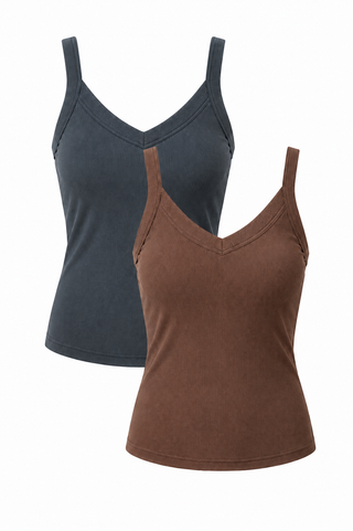 The Olive Basics Diana V-Neck Reversible Tank Bundle features two ribbed modal sleeveless tanks, in Grey Green and Brown, displayed against a white background.