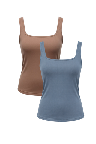 Two sleeveless Esther Easy Latch Tanks by Olive Basics—one in dusty pink and one in ash blue—are shown side by side, each with built-in bra padding, against a plain white background.