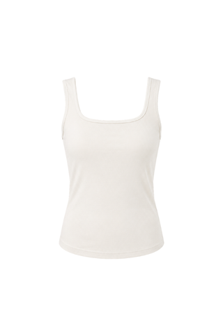 The Esther Easy Latch Tank Bundle by Olive Basics, shown in off-white against a white background, features a simple sleeveless design with a square neckline. Crafted from soft bamboo fabric, this versatile tank offers everyday comfort and breathability.