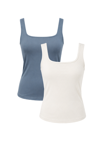 Two women’s tank tops from Olive Basics, the Esther Easy Latch Tank Bundle in Off-white and Ash Blue, are displayed against a white background. Both bamboo tanks feature square necklines, wide straps, and a soft feel for all-day comfort.