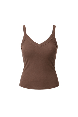 The Diana V-Neck Reversible Tank Bundle by Olive Basics includes brown and grey-green sleeveless ribbed modal tanks with V-necklines and thick spaghetti straps, shown against a white background.