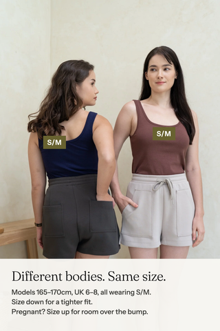 Two models of different builds both wearing Esther in S/M. Models 165 to 170cm, UK 6 to 8.